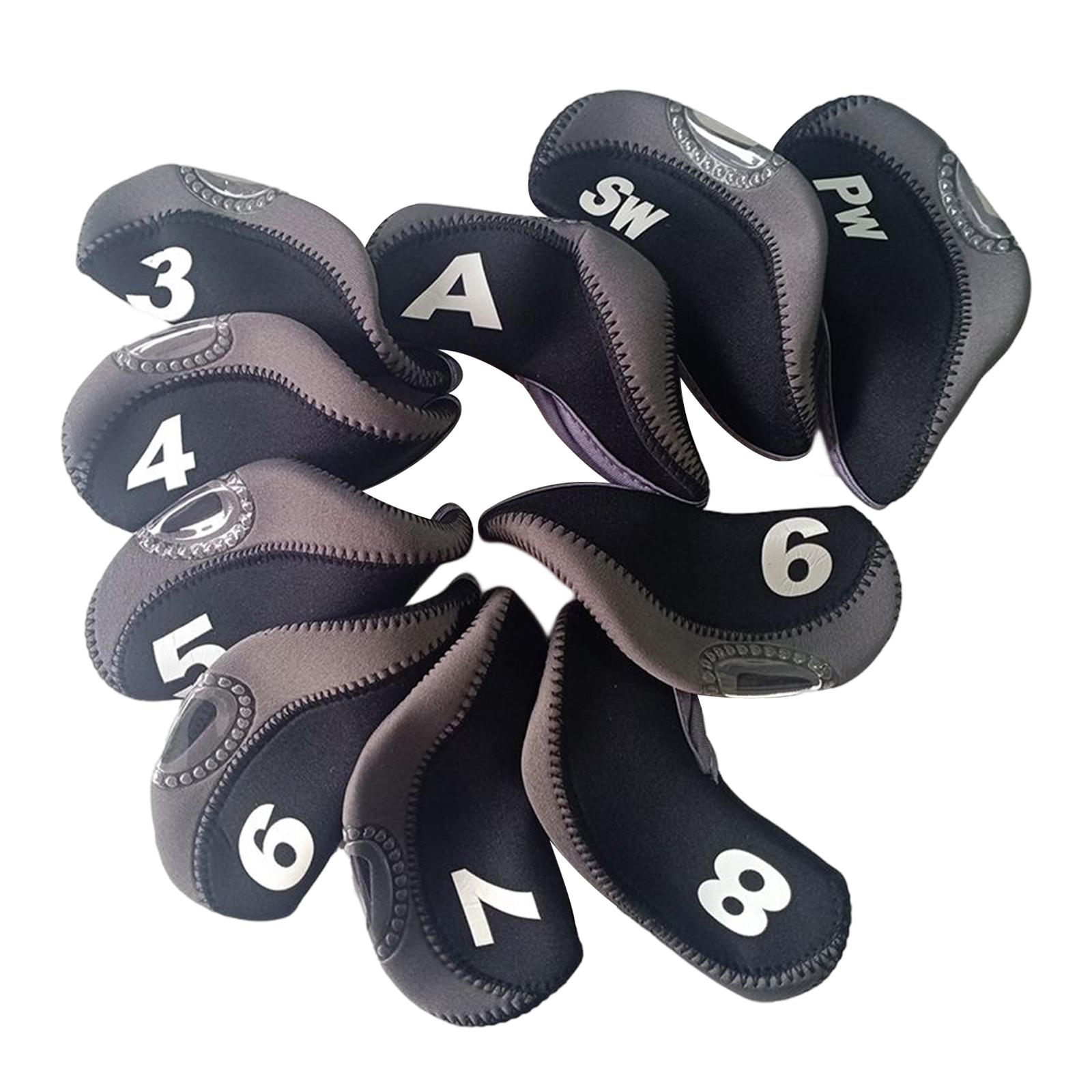 Set of 10 Golf Iron Covers with Window Golf Club Protector Headcovers Neoprene 3, 4, 5, 6, 7, 8, 9, A, PW, SW Golfer Gift черный серый
