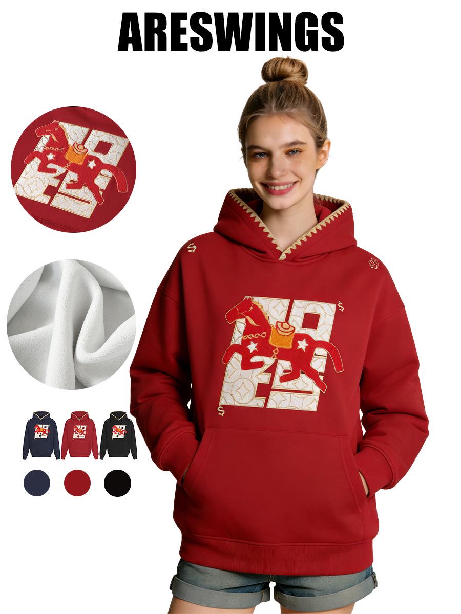 

ARES Winter New Year Heavyweight American Style Fleece-Lined Embroidered Hoodie Ma Dao Cheng Gong Loose Fit for Men and Women L чорний