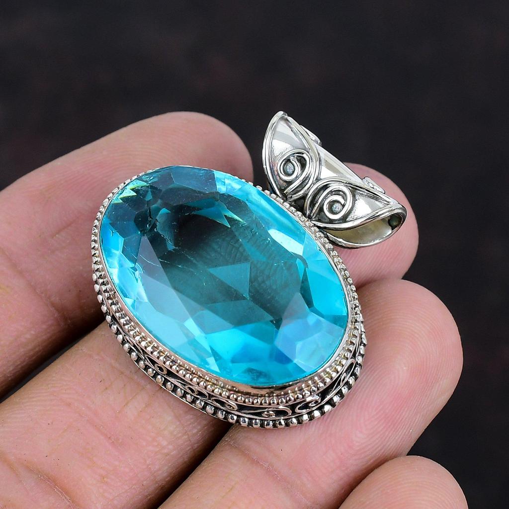 Faceted Swiss Blue Topaz Pendant Gemstone Pendant Antique Jewelry 925 Sterling Silver Pendant Vintage Pendant Handmade Jewelry Gifts For Her