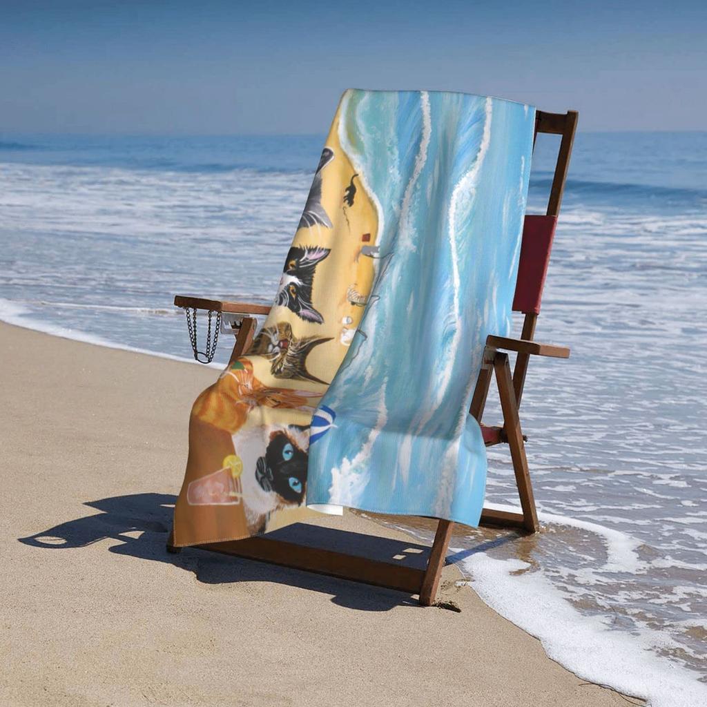 Tropical Beach Scenery Cats Tapestry Towel Flat Print Soft Quick Dry Picnic Mat for Women Kids Outdoor Vacation