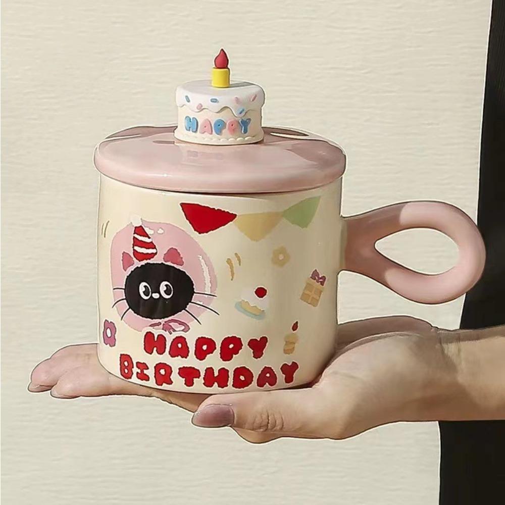 Cat birthday gift mug high value office girl water cup souvenir cartoon ceramic cup with lid