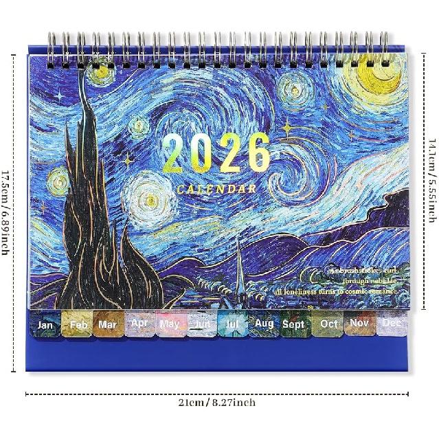 2026 Calendar Desktop Calendar - Vintage oil painting style art flip calendar with month labels and clear date display, suitable for office