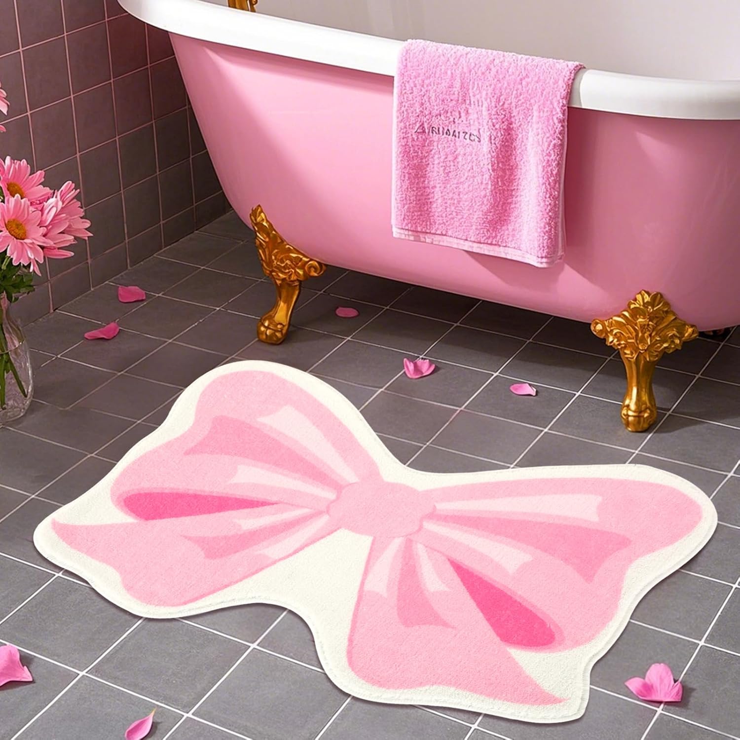 FEBSNOW Pink Bow Bathmat Rugs, Non Slip Coquette Bow Cute Aesthetic Carpet, Cute Room Decor Coquette Rug for Bathroom Bathtub Shower Bedroom and