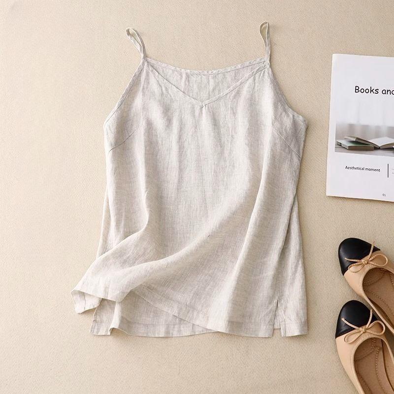 Women's V‑Neck Linen Camisole Tank Top Loose Thin Inner Wear Sleeveless Casual Summer Basic Blouse Top