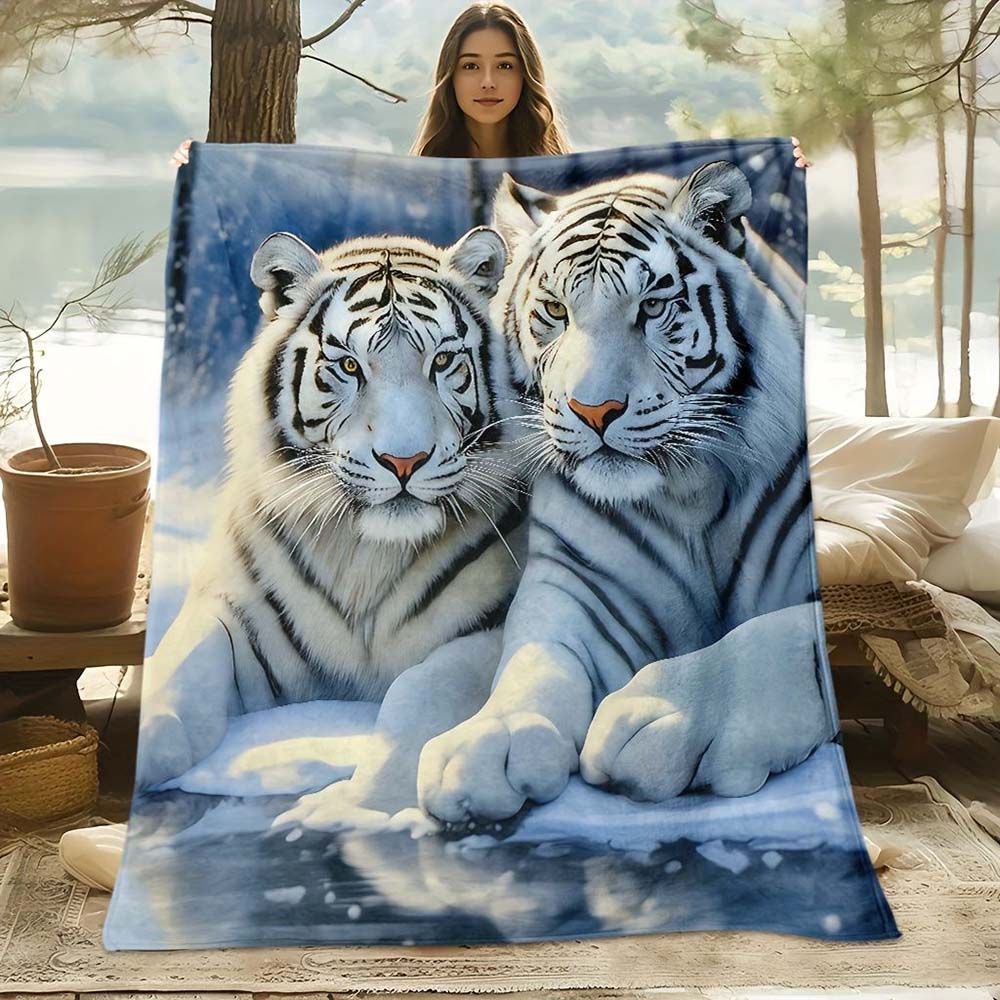 1pc 3D White Tiger Print Soft Flannel Throw Blanket Warm Cozy Fuzzy Blanket for Home Bedroom Sofa Couch