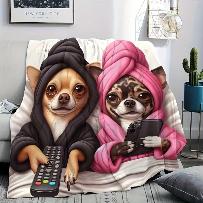 Two Chihuahua Dog Flannel Blanket - Soft Warm Bedspread for Sofa, Bed, Car, Camping - Cute Chihuahua Design, 4 Size Options 75X95CM