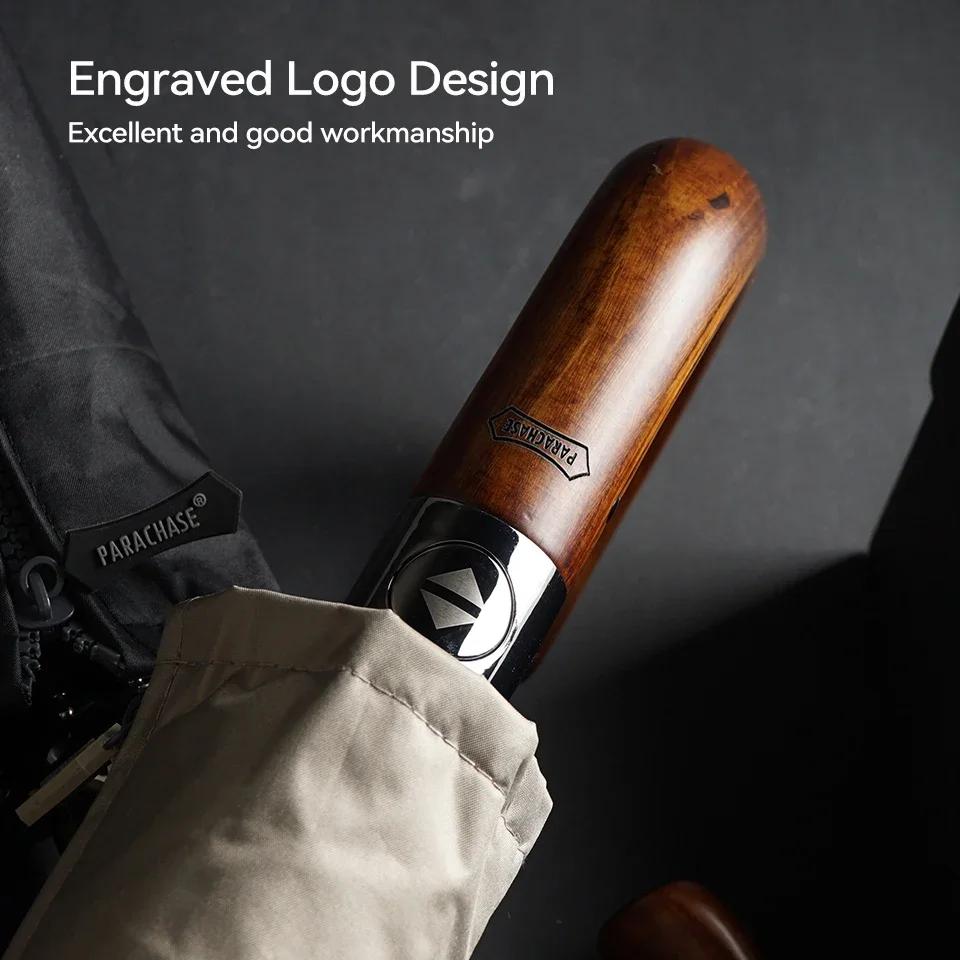 Wooden Large Umbrella Windproof Strong, UV Protection Sun Umbrella for Men, Business Style Golf Folding Umbrella