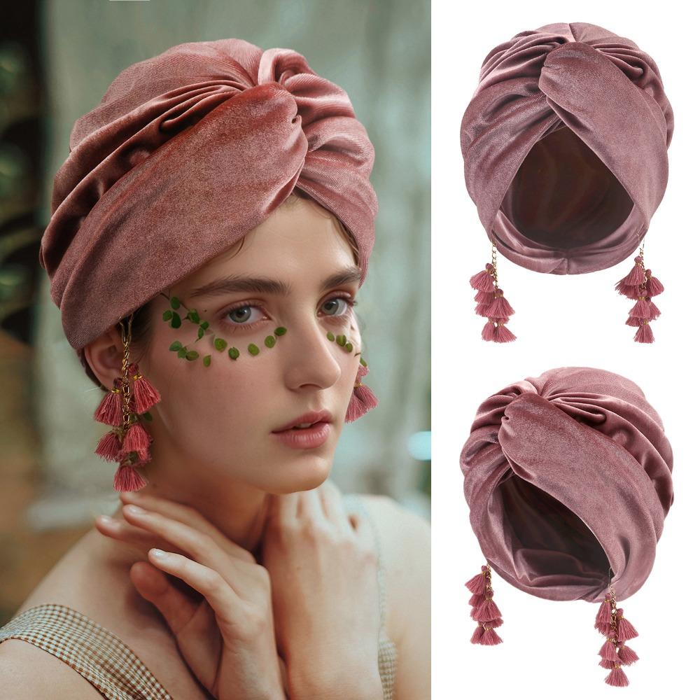 Turban Cap Crossed Pullover Hat Solid Color Beanie Hat Fashionable Fringe Hat  Spring