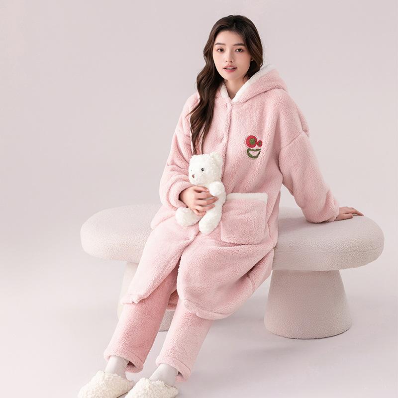 Women's Cute Hooded Coral Fleece Pajama Set - Flannel Long Robe for Autumn/Winter