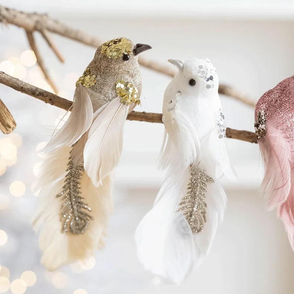 1pair Christmas Tree Decoration Glitter Christmas Birds Realistic DIY Decor Simulated Bird Pendant Foam Simulated White Bird