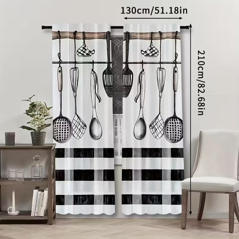 2pcs Kitchen Utensil Gingham Curtains   Light Filtering   Polyester   Farmhouse Cafe Window Decor   Rod Pocket