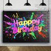 2D Colorful Paint Splatter Happy Birthday Backdrop Banner, Black Brick Wall Style