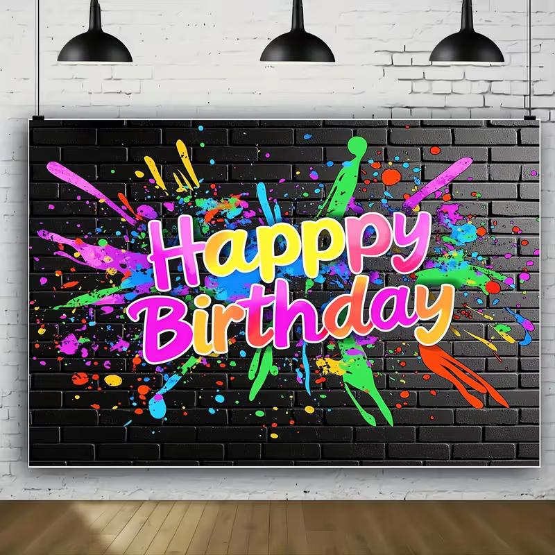 2D Colorful Paint Splatter Happy Birthday Backdrop Banner, Black Brick Wall Style