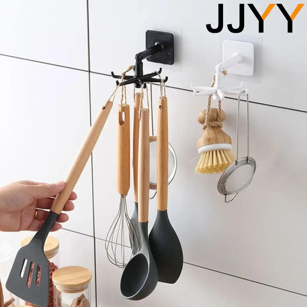 360 Rotating Kitchen Storage Rack Bathroom Organizer 6 Hooks Multifunctional Shelf Holder Space Saver