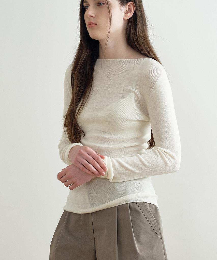 MAKE A TOAST Thin Boat Neck Wool Knit Top (Ivory) Mbfsnt003Iv