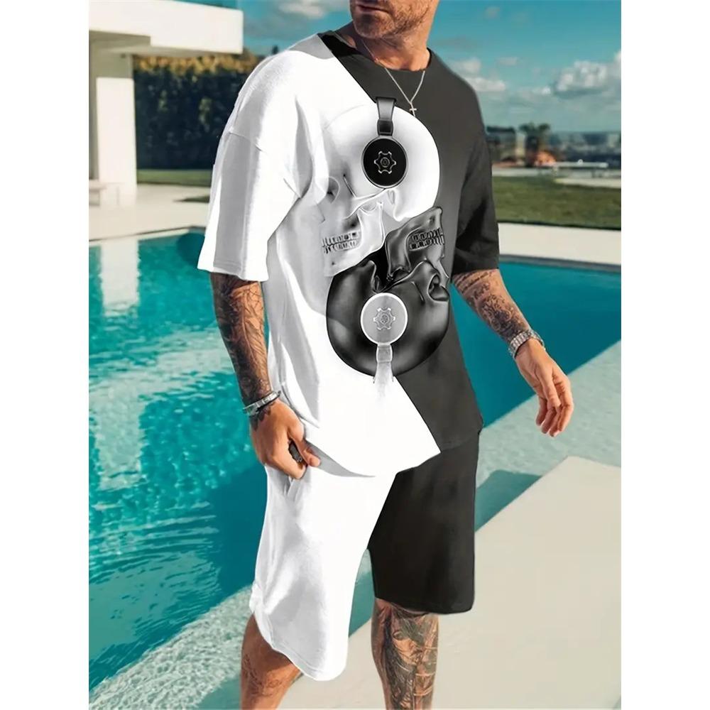Vacation Casual Short Sleeve T Shirt Outdoor Street Shorts Summer Men's Short Sleeve Shorts Set Mens Skull Printed Set Hot Model