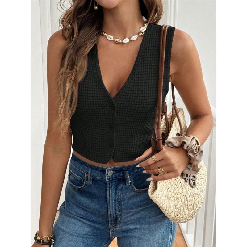 Women S V Neck Button Vest Top Casual Simple Versatile S