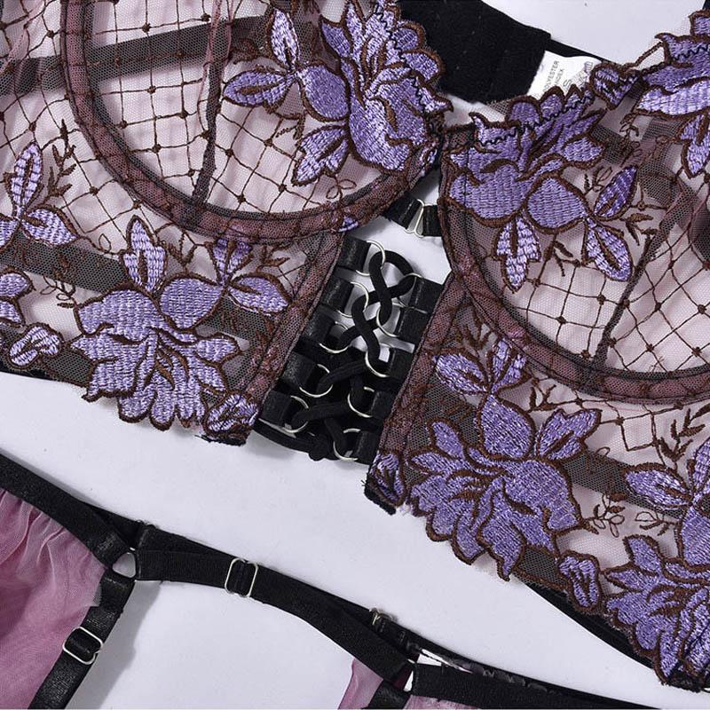 TERMEZY Sexy Lace Lingerie French Thin Transparent Underwear Female Embroidery Brassiere 3-Piece Exotic Bra and Garter Thong Sets