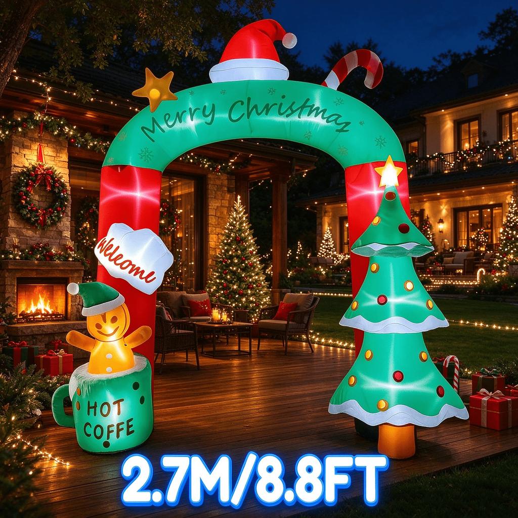 8.8FT/2.7M Inflatable Christmas Arch with Gingerbread Man Hot Coffee and Welcome, Glowing Outdoor Yard Decor