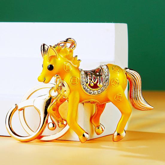 Keychain Pendant Double-Sided Rhinestone Chinese Zodiac Fortune-Attracting Horse Key Chain Metal Handbag Charm