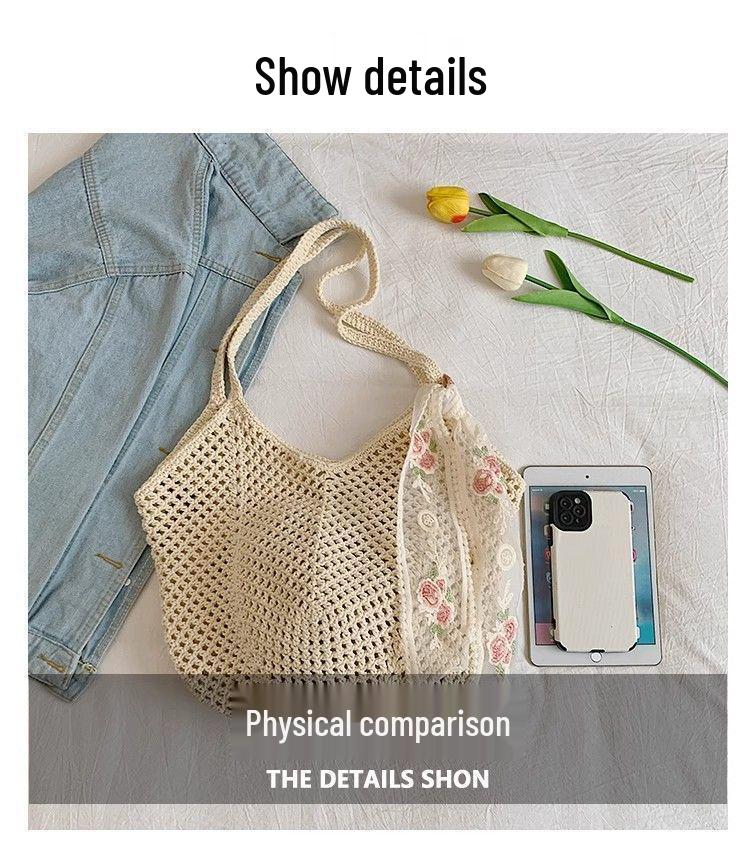 Women's Cotton Thread Knitted Shoulder Tote – Summer Large Capacity Floral Beach Bag