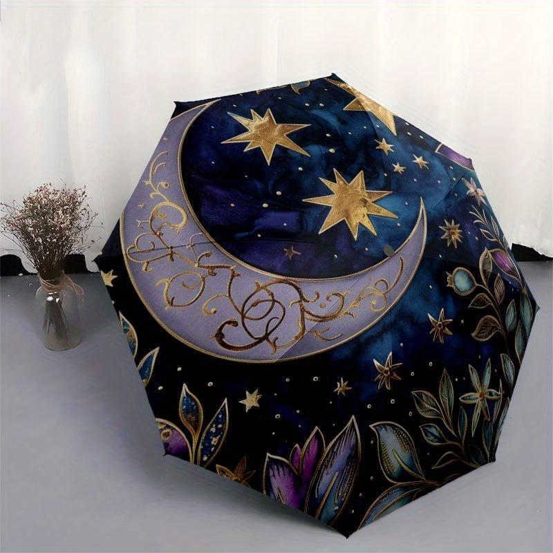 Starry Night Moon and Stars Decorative PlateUmbrella with Cute Design, Portable 3-Fold Compact Umbrella for Men & Women, Valentine's Day Mother's Day