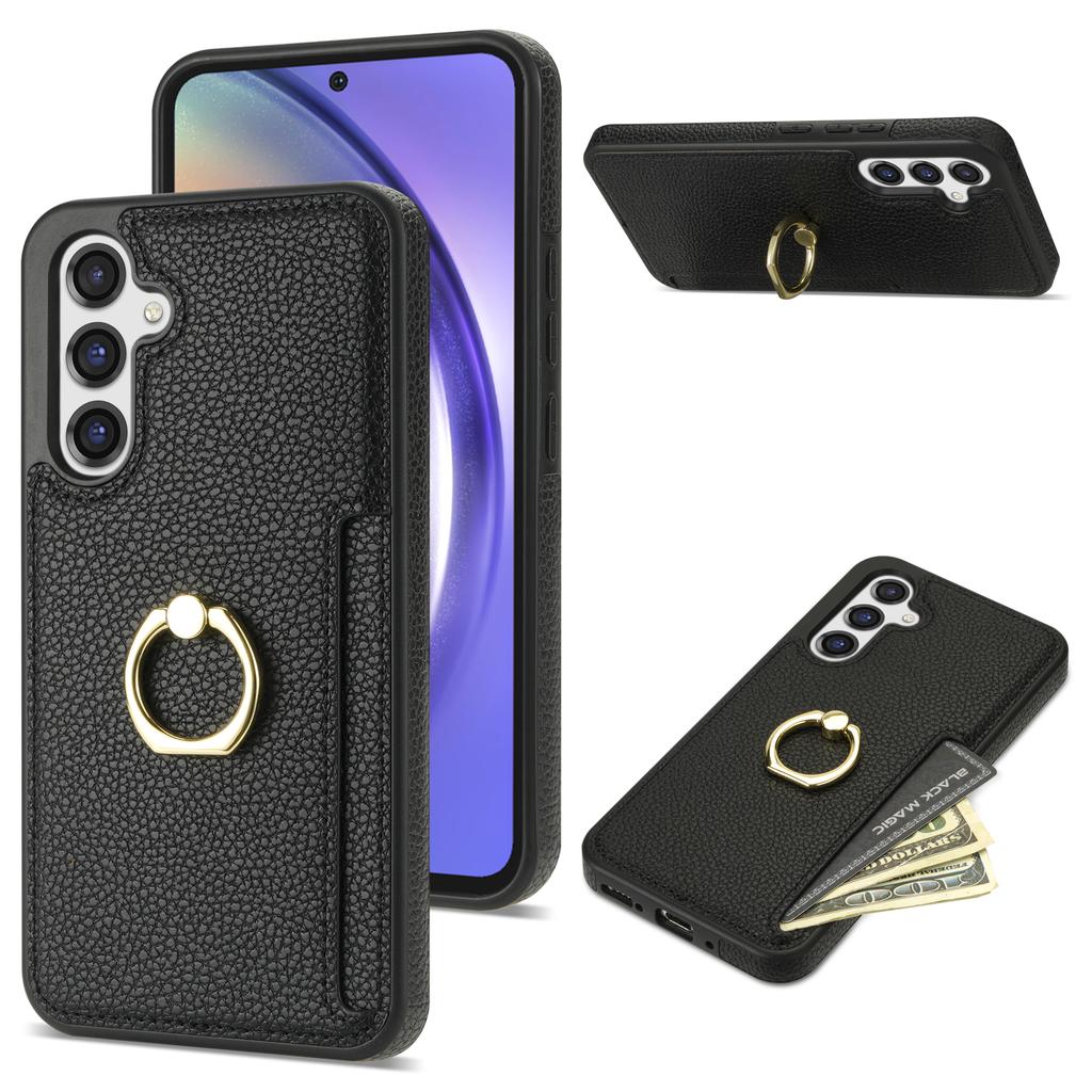 For Samsung Galaxy S23 FE Finger Ring Kickstand Phone Case PU Leather+TPU Card Holder Cover