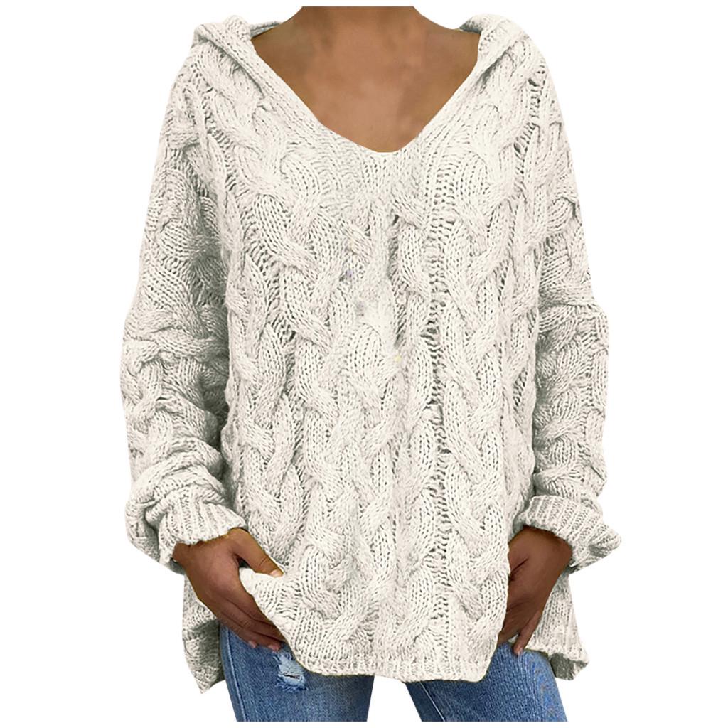 Women Fashion Loose Large Size Solid Color Hood Long Sleeves Sweater Tops