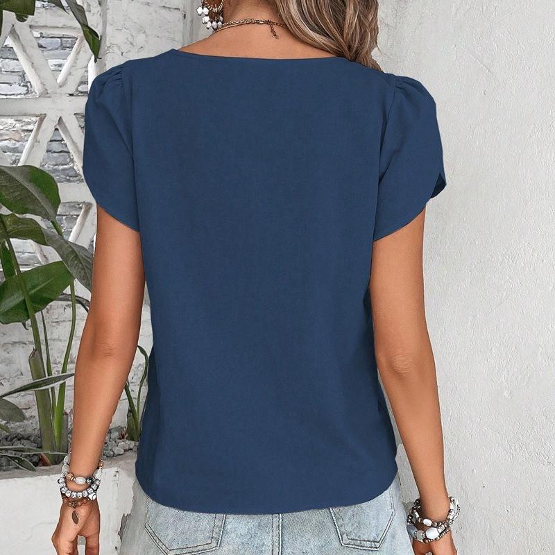 New Chic Womens Asymmetrical Neck Puff Sleeve Blouse Casual Button Detail Short Sleeve Top Elegant Loose Fit Summer Shirt for Work  Everyday Wear