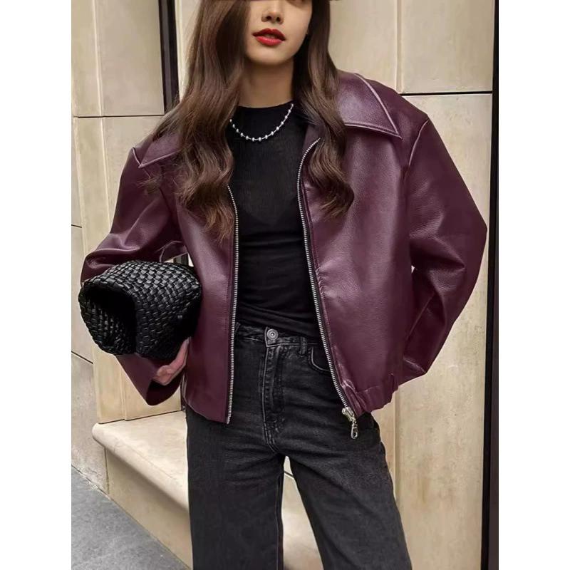 Chocolate Brown Faux Leather Zip-Up Jacket Women's Lapel Loose Short Bomber Coat