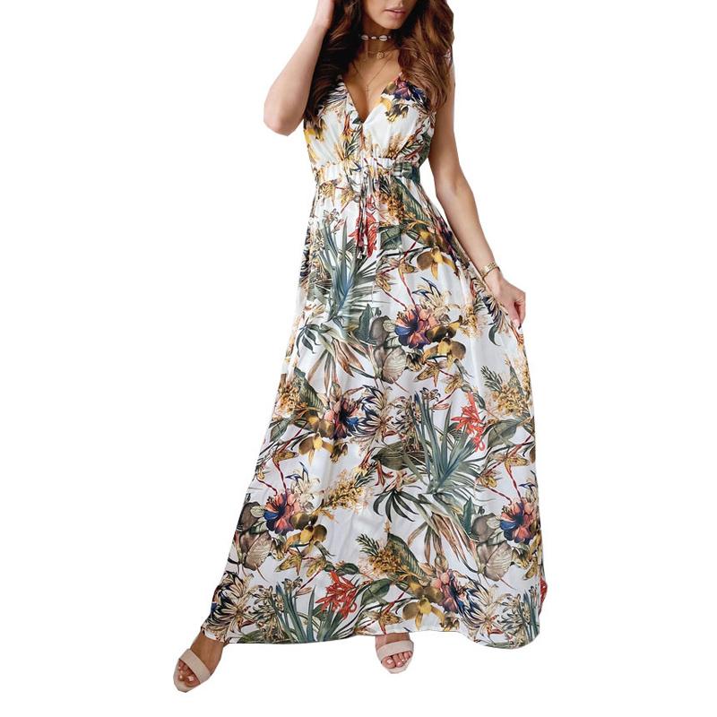 Boho Dress Sexy Deep V Neck Dress Printed Backless Maxi Dress Summer Beach Sleeveless Lace Up Dress