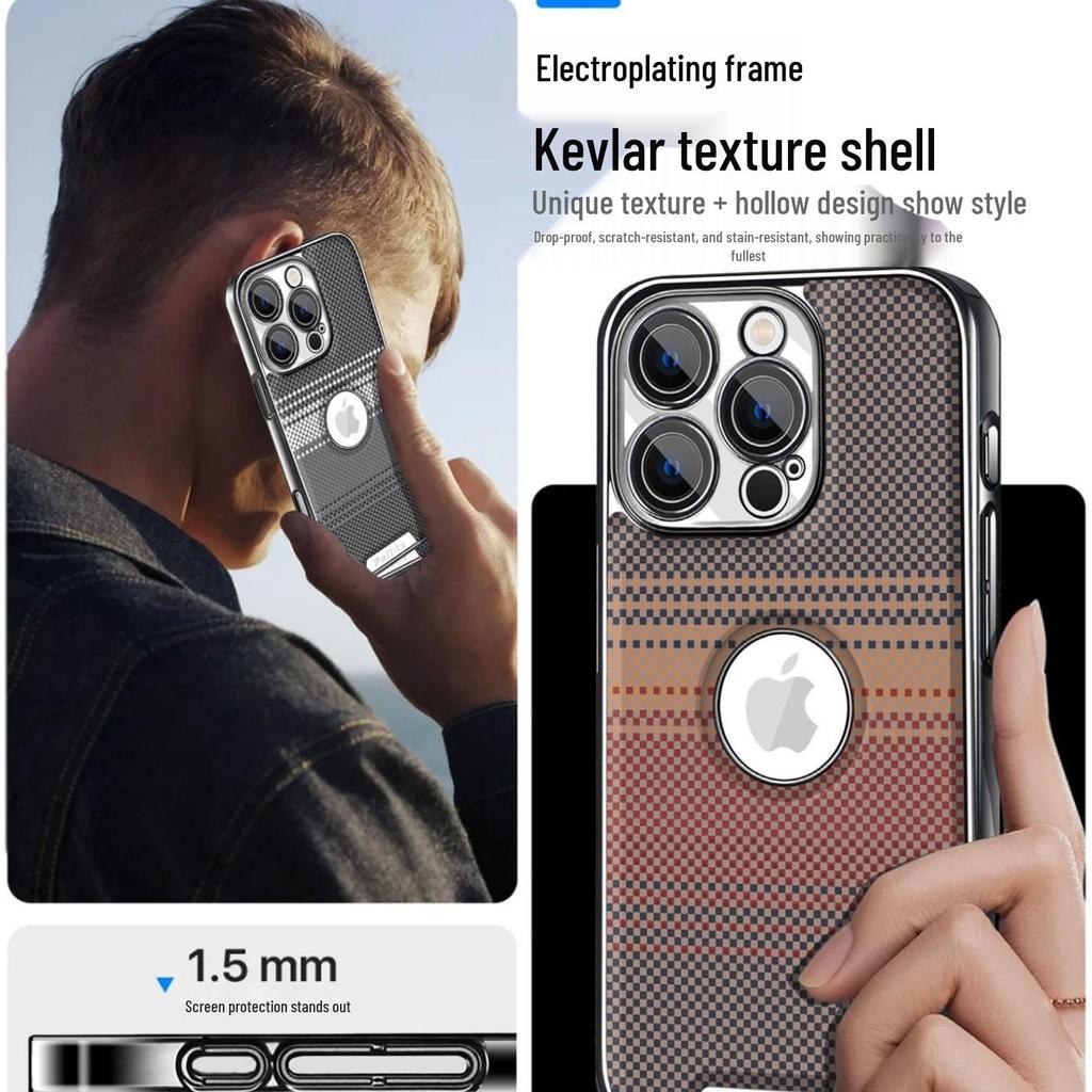 Kevlar Leather Texture Electroplated Anti-Drop Case for iPhone 16 Pro Max/17 Full Cover