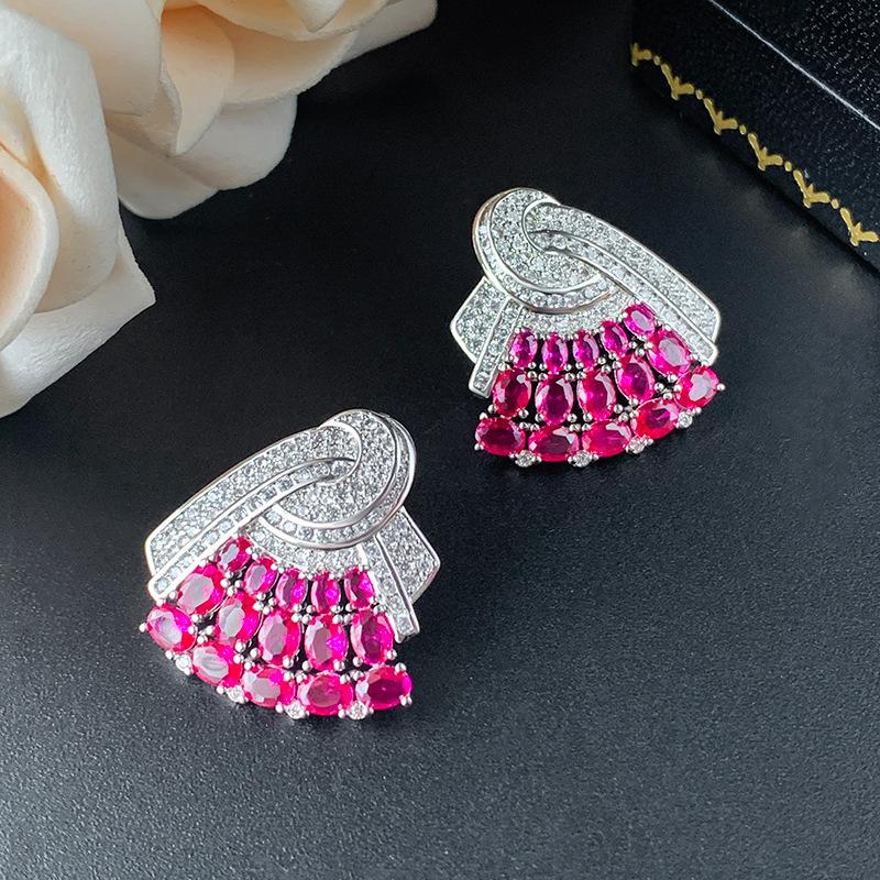 

серьги-гвоздики ювелирные изделия из серебра 925 пробы иглы в форме веера красный корунд синяя шпинель женская роскошь темперамент универсальный мода