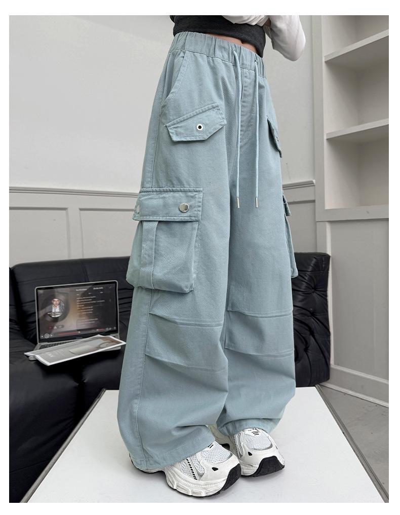 Girls' Wide-Leg Cotton Work Pants with Big Pockets - Autumn 2026 Style for Medium to Large Children, Casual Straight-Leg Long Pants