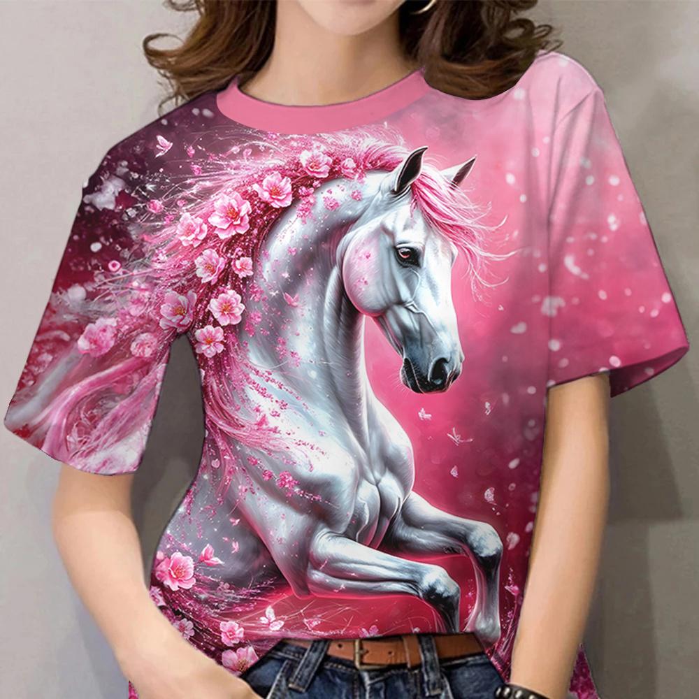 Pferde-Muster T-Shirts Floral 3D-Druck Damen Freizeit O-Ausschnitt Kurzarm T-Shirt Harajuku Lässige T-Shirts Y2k Tops Damenbekleidung