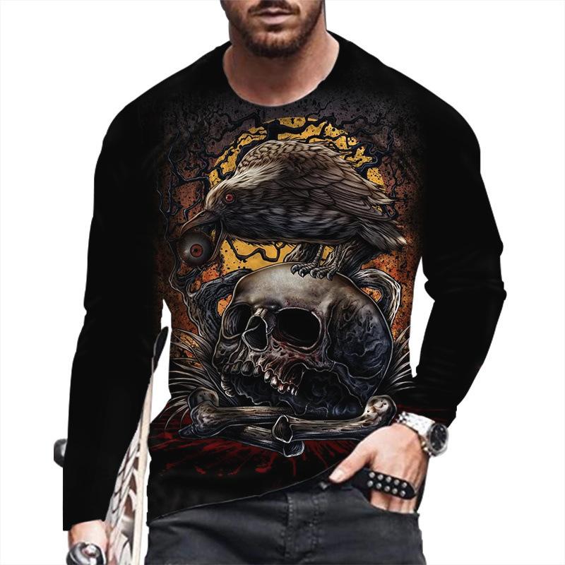 Spring and Autumn Round Neck Skull 3D Printed Top Fashionable Casual Long Sleeved Men's T-shirts