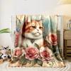 Fluffy Cat Pink Roses Vintage Style Bedroom Blanket for Livingroom Couch Lunch Break Soft Throw for Friend's Festival Gift