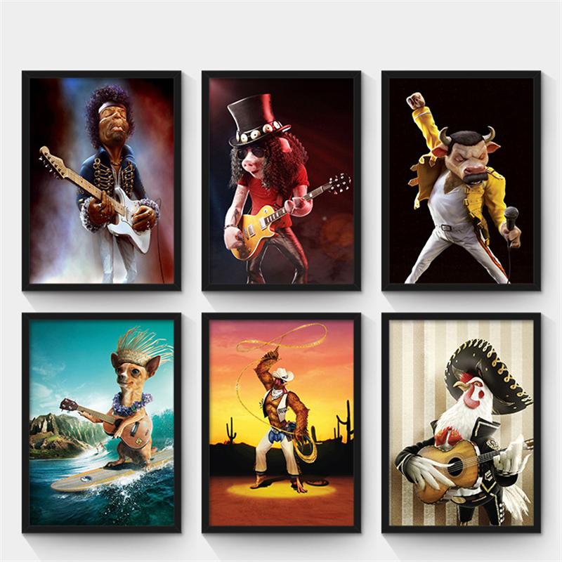 Nordic Dekorative Leinwand Malerei Cartoon Poster Herr. Schwein, Rind, Hahn und Hund spielen Gitarre fürs Kinderzimmer