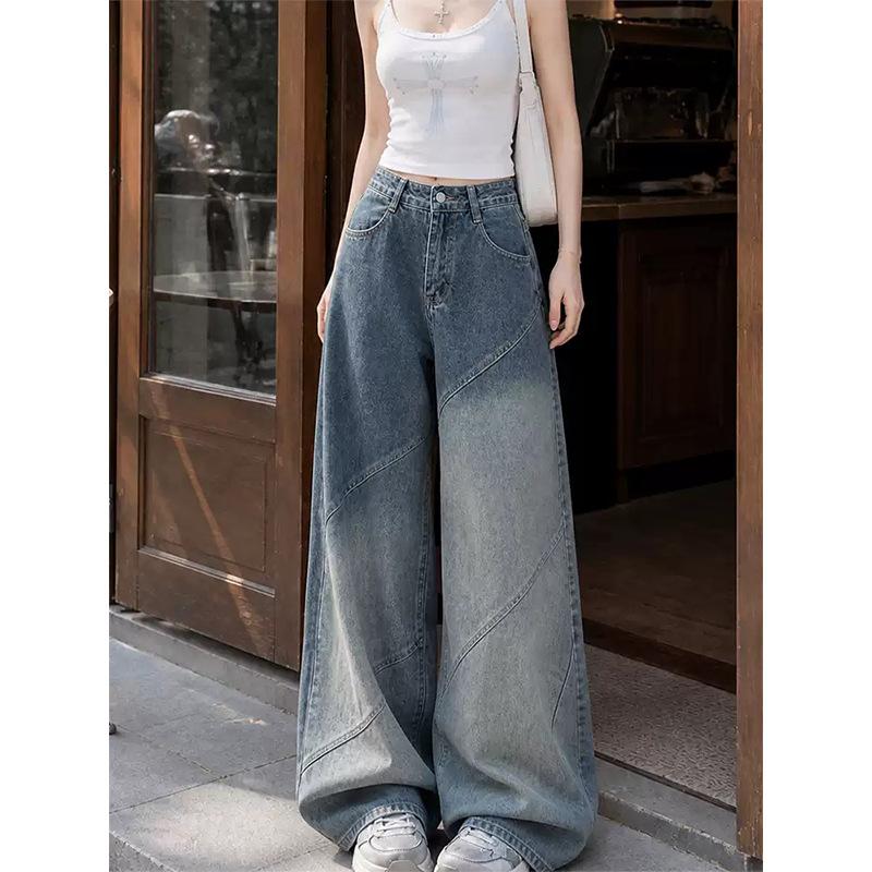 Retro washed high-waisted wide-leg jeans women's autumn new design diagonal cut loose and thin drape trousers
