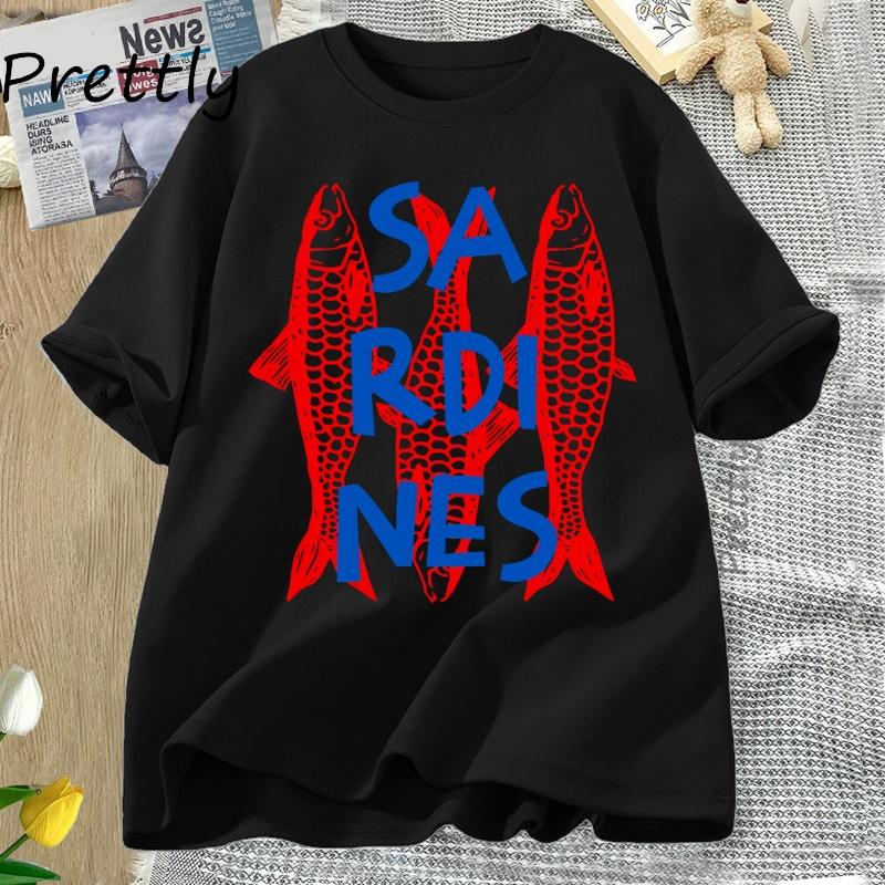Sardines Graphic Tee Trendy Fish T-shirt Casual Short Sleeve Cotton T Shirt Streetwear Round Neck Tshirt Streetwear Cool Tees