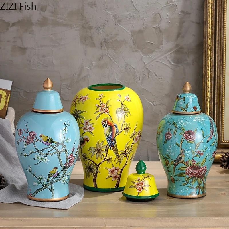 Malované keramické vázy Ozdoby Klasické květiny a ptáci Vázy Víceúčelové Starožitné porcelánové úložné nádoby Rustikální domácí dekorace