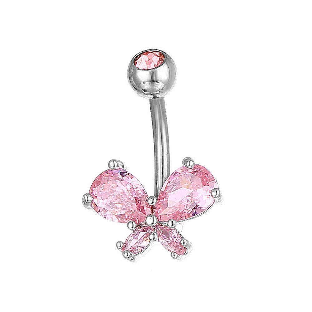 Zircon Butterfly Inlay Belly Button Ring - European & American Style, Stainless Steel Navel Piercing Jewelry.