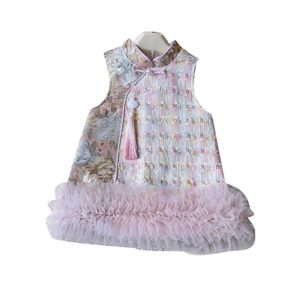 Girls' Winter Sleeveless Hanfu Cheongsam Dress with Mesh Skirt