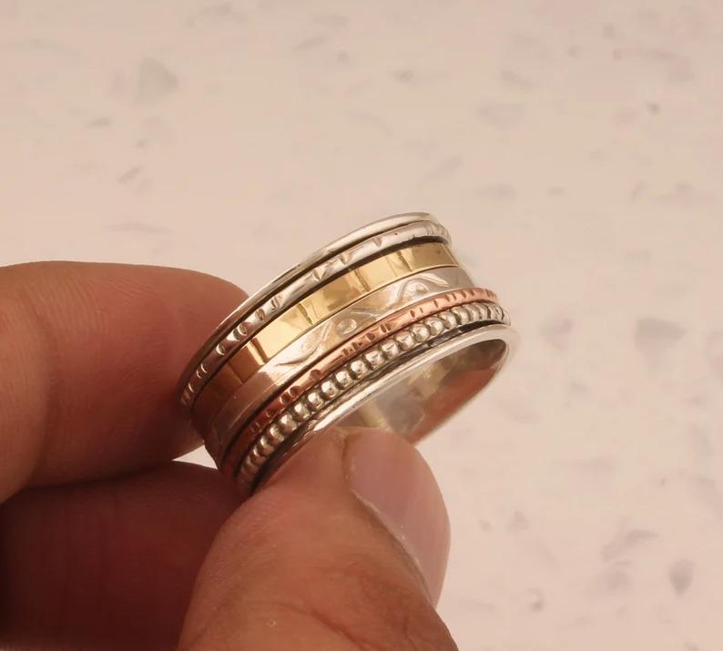 Ručně vyrobený designový prsten Spinner Band, stříbro 925, masivní prsten, unisex prsten, Statement Ring, Party Ring,