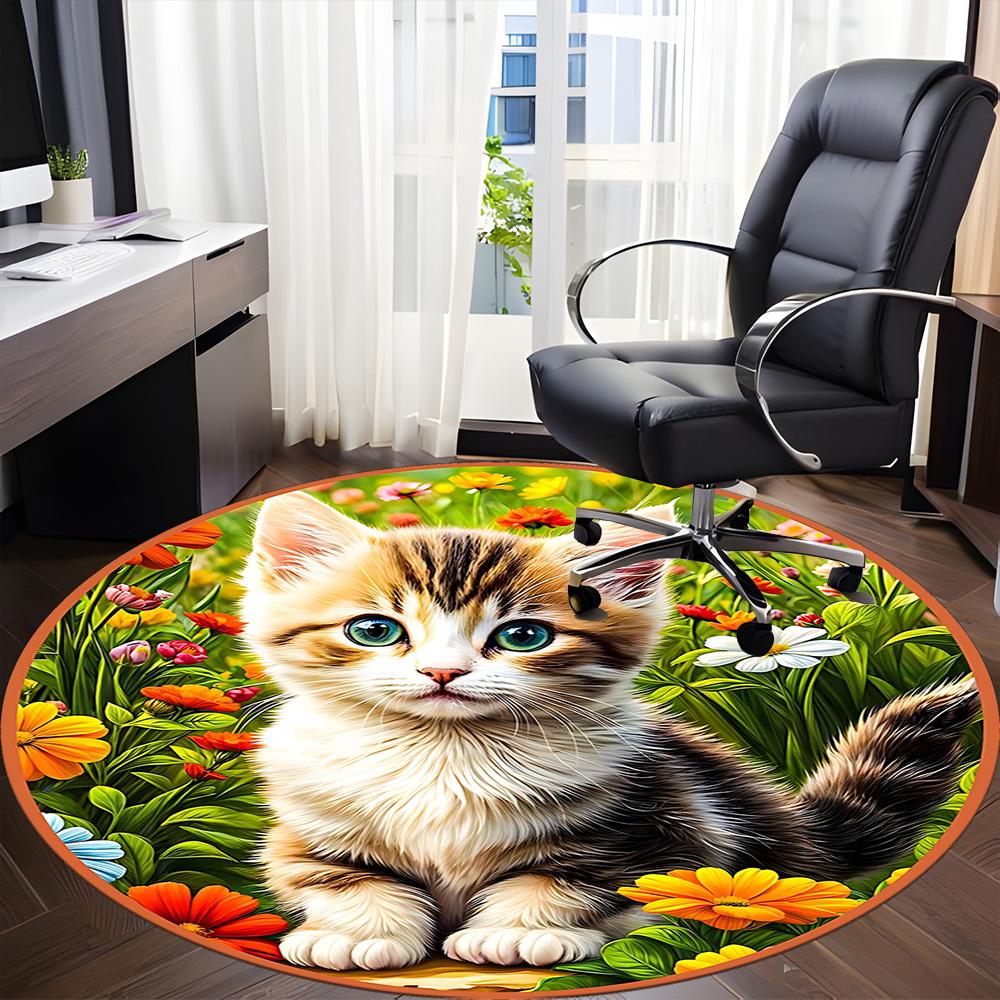 1pc Cat Flowers Office Round Rug, Carpet for Office, Gaming, Lightweight Round Floor Mat Yy260205021