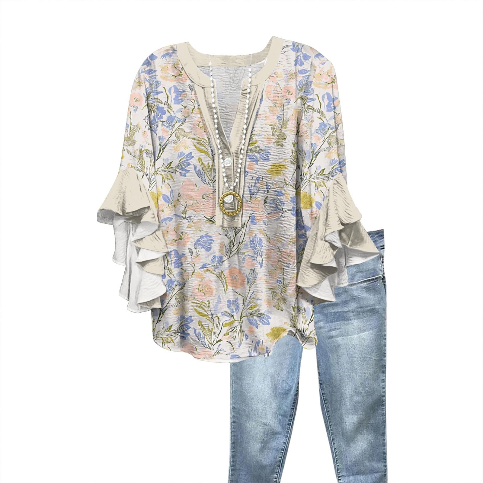 

Летние топы для женщин, симпатичные блузки с V-образным вырезом и рукавом 3/4, повседневные рубашки с принтом XXL бежевый