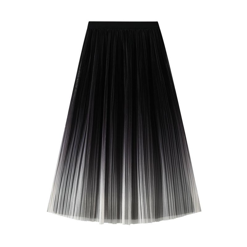 Spring and Summer Women's Skirts Elegant Temperament Gradient Color Pleated Half-body Skirt Long Skirt High Waist A-line Skirt