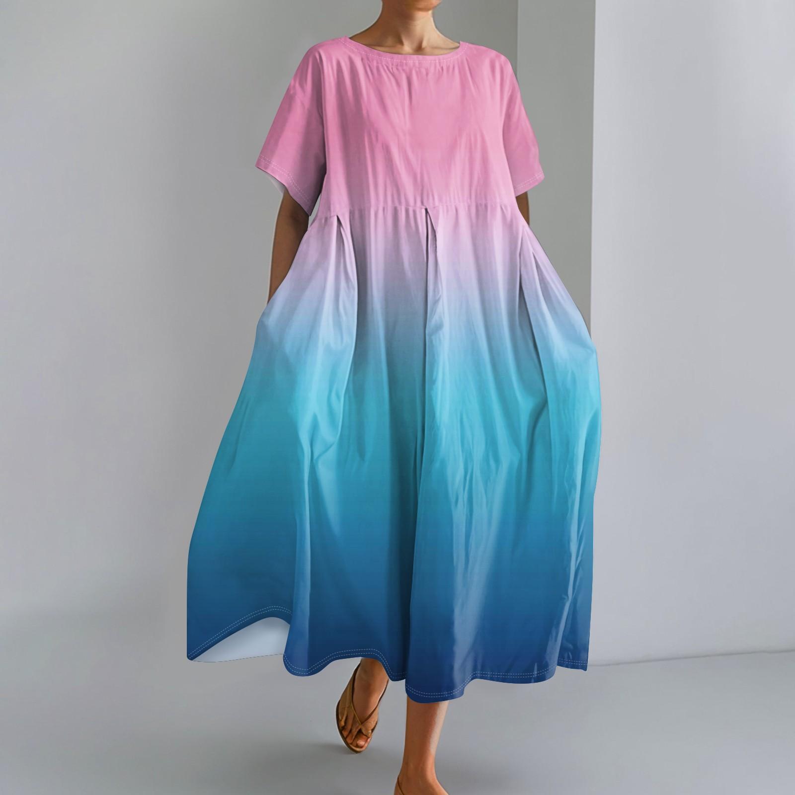 

Женское модное платье с круглым вырезом и короткими рукавами с градиентным принтом и свободным подолом S