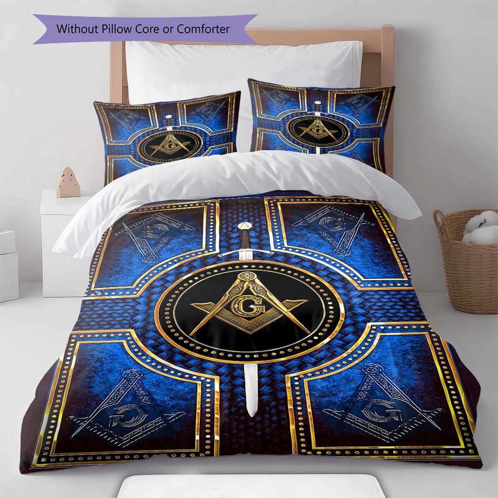 Masonic Freemason Pattern Bedding Quilt Set Quilt Cover Pillowcase Home Decoration Birthday Gift (1 * duvet cover + 2 * pillowcase, without core)