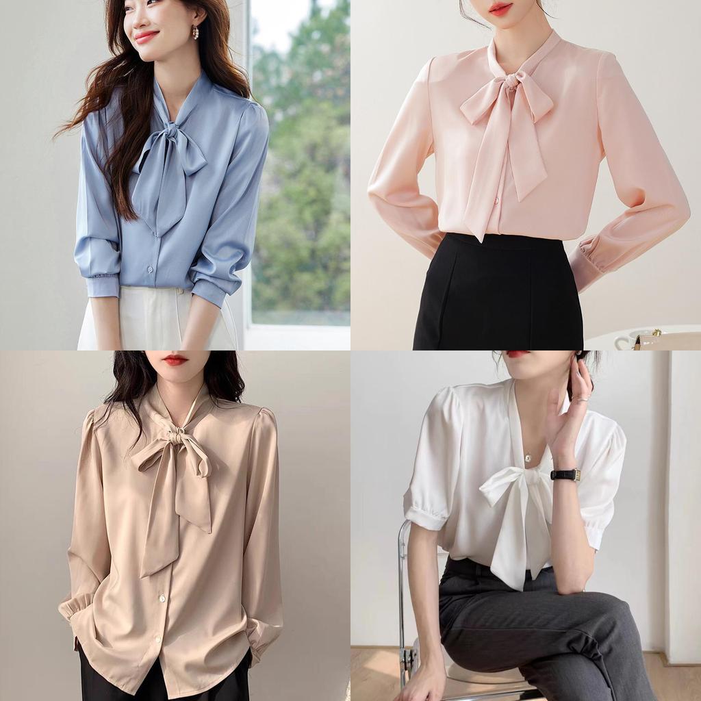 Blue Bowknot Shirt With Satin Fabric And Tie Detail For Office Women